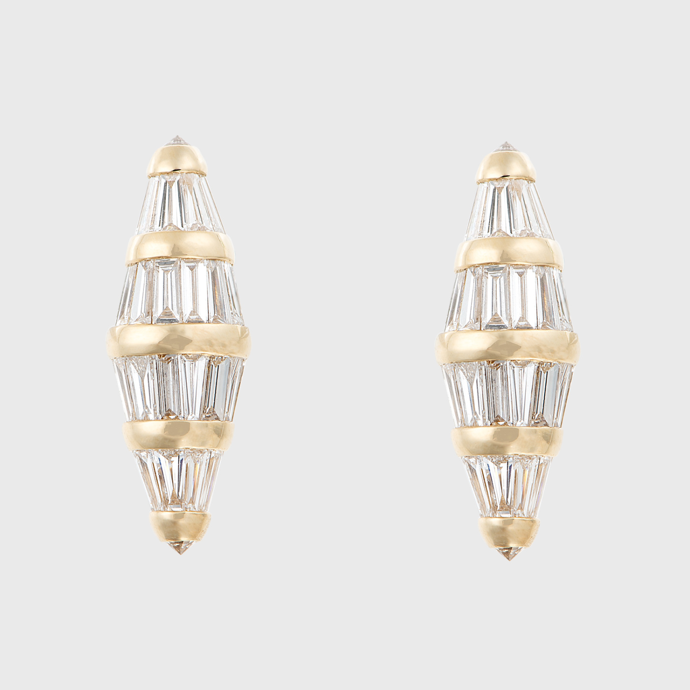 Yellow gold earrings with tapered baguette cut white diamonds