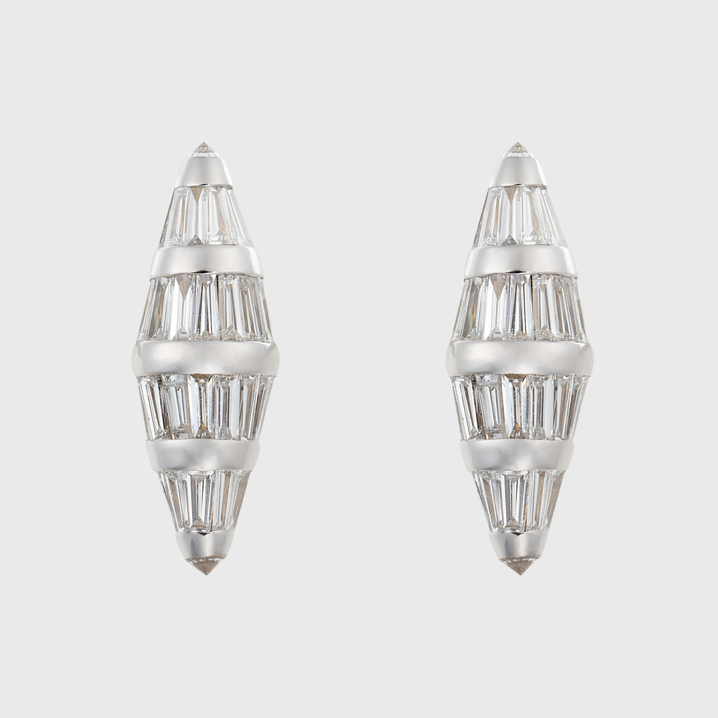 White gold earrings with tapered baguette cut white diamonds