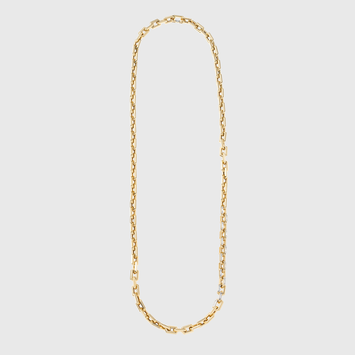 Yellow gold chain link necklace with baguette cut white diamonds