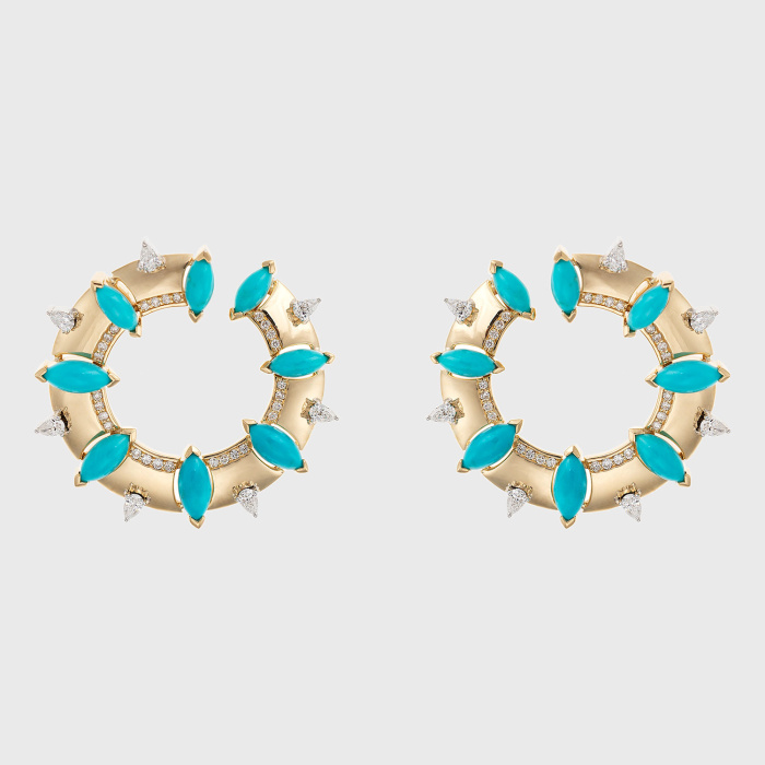 Yellow gold hoop earrings with turquoises and white diamonds