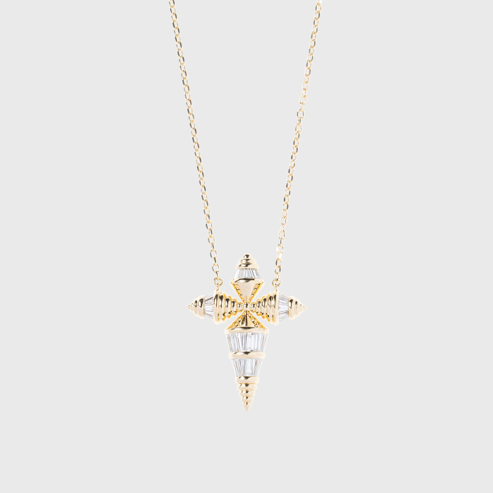 Yellow gold cross with tapered baguette white diamonds