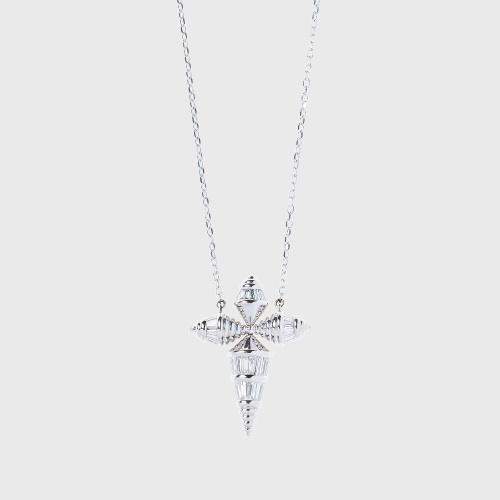 White gold cross with tapered baguette white diamonds